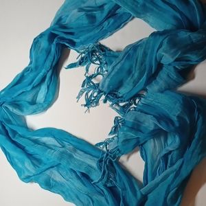 Scarf mulit blue colored sheer gathered in middle fringed